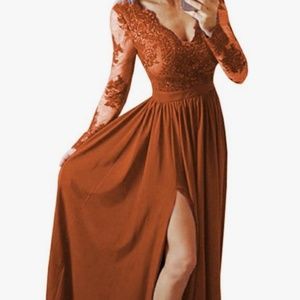 Women's V Neck A Line Lace Chiffon Prom Dress Long Sleeve Formal Evening Gown wi